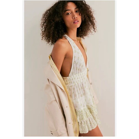 Intimately Free People Happy Hour Mini Slip Womens XL Ivory Green Tiered Smocked - Picture 12 of 15